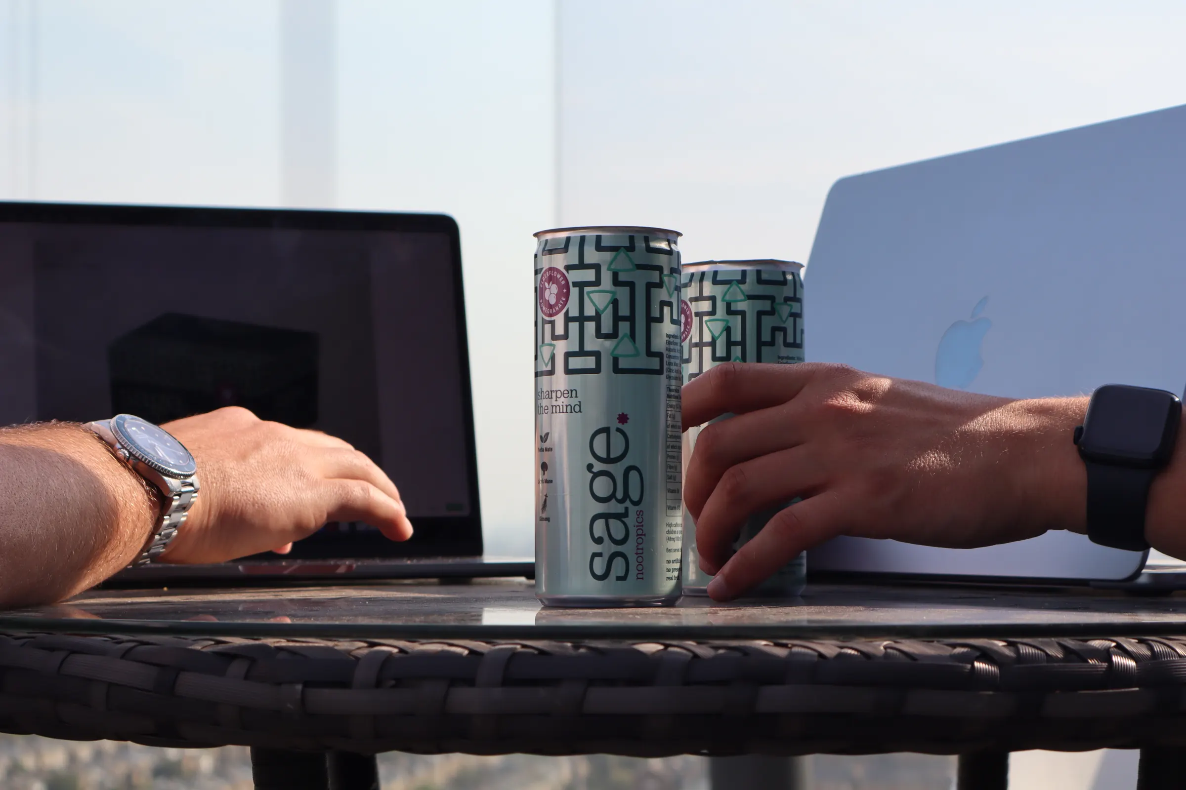 Two cans of sage on a terrace table between two laptops